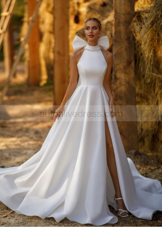 High Neck Ivory Satin Slit Sexy Wedding Dress